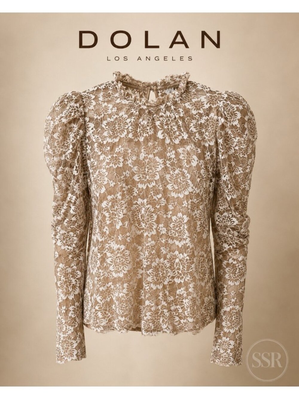 DOLAN Floral Lace Ruffle Neck Puff Sleeve Top NWT Size Small Sheer Beige Romanti